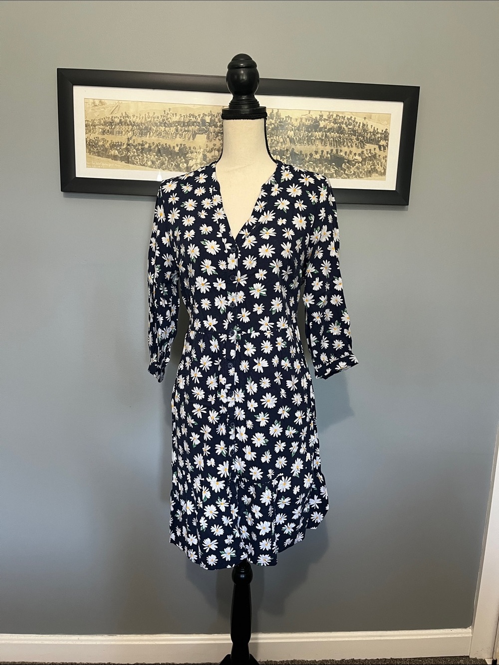 Navy Daisy Print Midi Dress with Elastic Waist and full Button Down